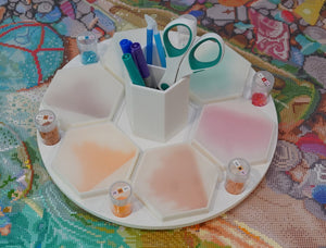 Diamond Art Organizer Ultimate Combo - Hexy Susan Rotating Craft Organizer with 6 Diamond-Hex Trays, Lids, Stoppers, and Pen Holder